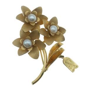 Vintage IPS Italy 12KT Gold Filled Narcissus Brooch Faux Pearls